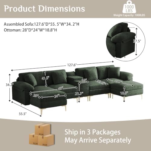 OUYESSIR 128" U-Shaped Shimmer Chenille Sectional Couch - Image 2