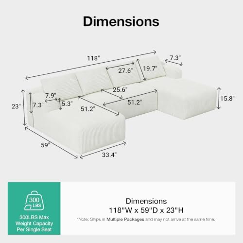 Novilla 118'' U-Shape Modular Sectional Sofa, Corduroy Beige - Image 2