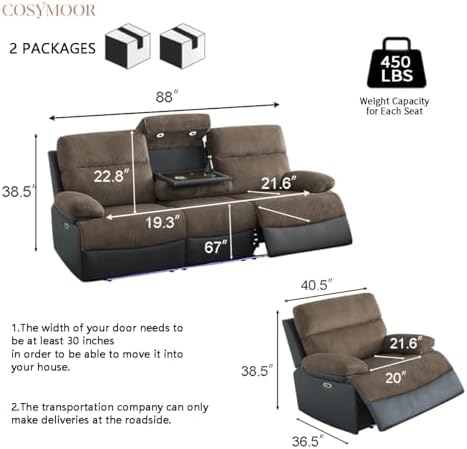 Power Reclining Sofa Set with LED Light, Corduroy Sofa Sectional Couch and - Image 2