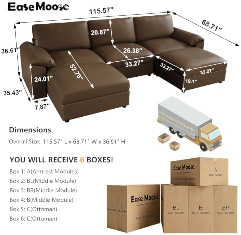 EASE MOOSE Sectional Couches for Living Room, U Shaped Sofa, Deep Brown - Image 2