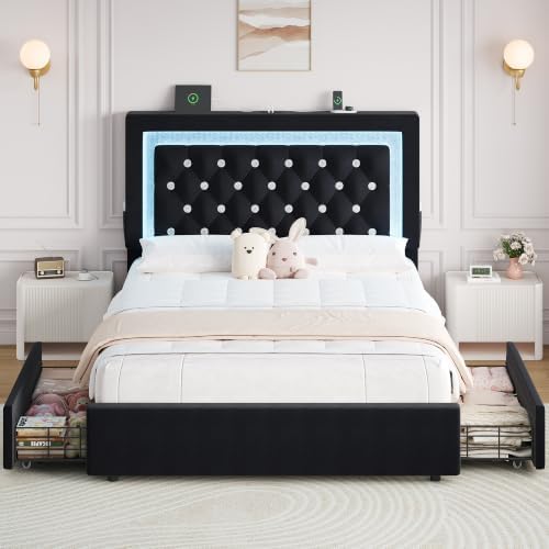 Full Bed Frame with Storage Drawers and LED Lights, Velvet Upholstered Platform - Image 3