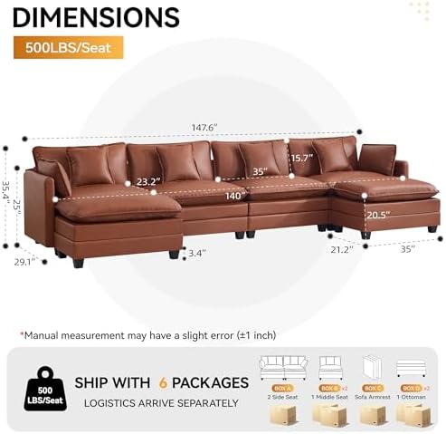 147'' Sectional Cloud Deep Seat Couch, Oversized Leather U Shaped Sectional Sofa - Image 2