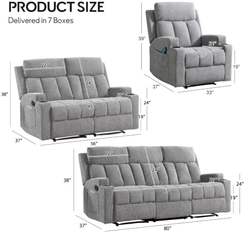 CANMOV Manual Recliner Sofa Set, Fabric Recliner Living Room Furniture Sets - Image 2