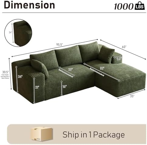 ONEMMLION 96" L-Shaped Cloud Boneless Couch Sofa - Image 2