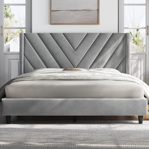Yaheetech Queen Bed Frame with Chevron Channel-Tufted Headboard, Light Gray by Yaheetech