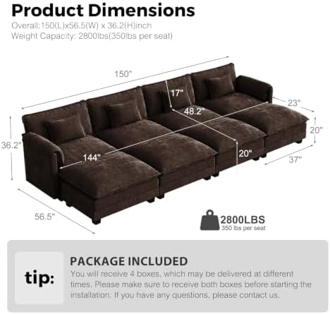 ELUCHANG 150" Oversized Sectional Sofa Bed, Modular Sleeper Cloud Couch - Image 2