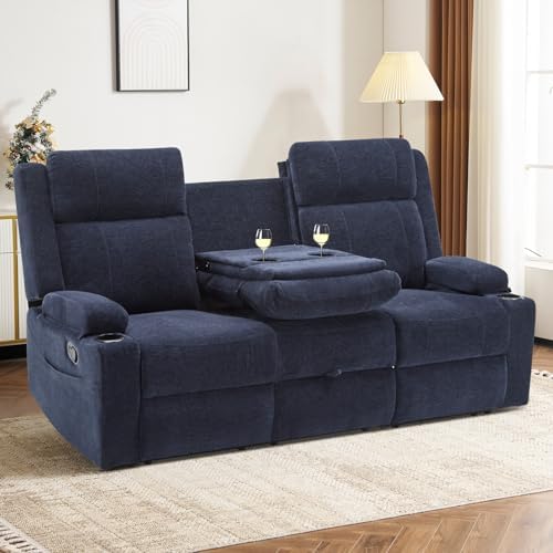 3 Seater Recliner Sofa with Console, RV Loveseat Reclining Couch with Drop Down by RIHEREFY