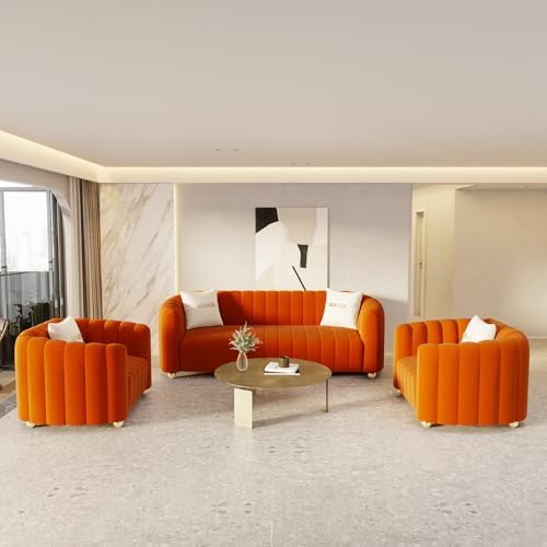 3-Piece Orange Velvet Tufted Sofa Set by yunqishiHOME