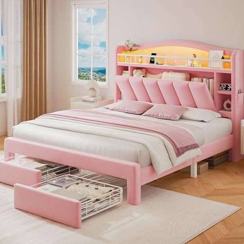 Kids LED Bed Frame with Storage Headboard & 2 Storage Drawers by JOCOEVOL