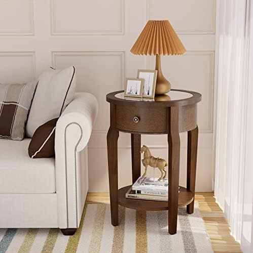 COSIEST Round Nightstand with Drawer, 2-Tier MDF End Table with Storage Shelf - Image 4