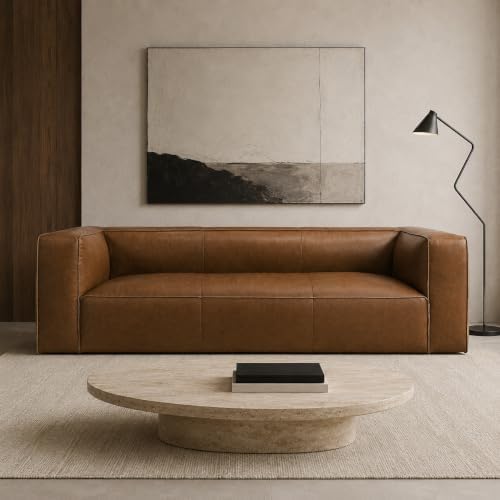 92.5-Inch Cognac Tan Genuine Leather Sofa, Modern 3-Seater Couch by Alyncasa