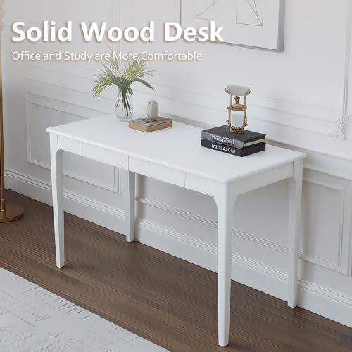 Solid Rubber Wood Desk with 2 Drawers, 47 Inch White Computer Writing Desk - Image 4