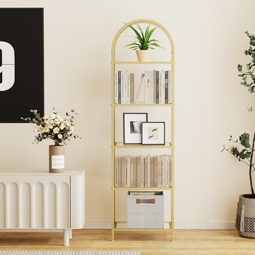Homhedy 5-Tier Tall Gold Bookshelf, Arched Bookcase - Image 3
