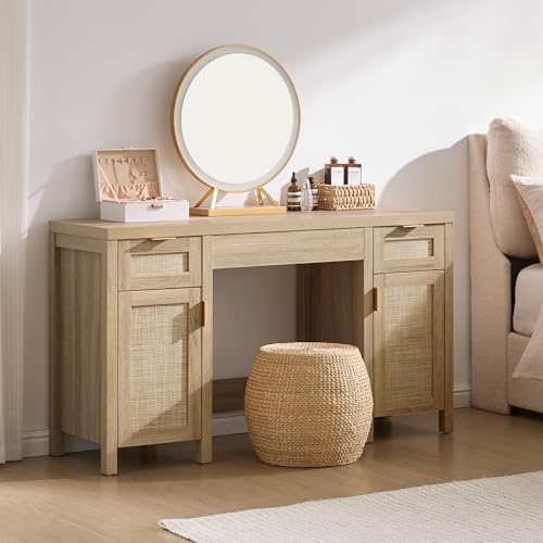 SICOTAS Rattan Vanity Table Wooden Vanity Desk - Image 3