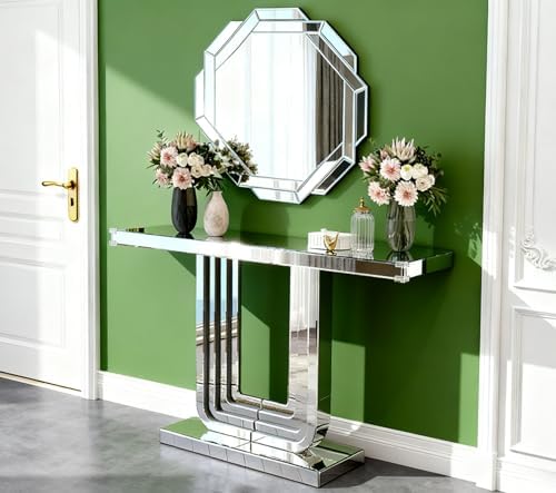 U-Shaped Silver Mirrored Console Table and Wall Mirror Set, 2 Piece Silver by Unknown