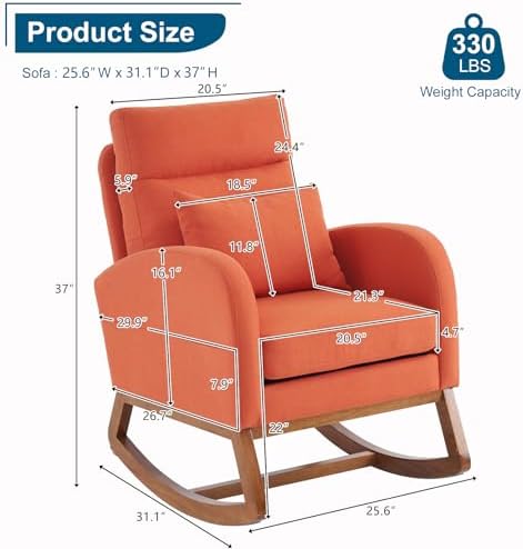 VINGLI Orange Linen Rocking Chair Nursery - Image 2