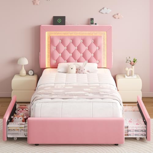 Twin Bed Frame with Storage Drawers and LED Lights, Velvet Upholstered Platform - Image 3