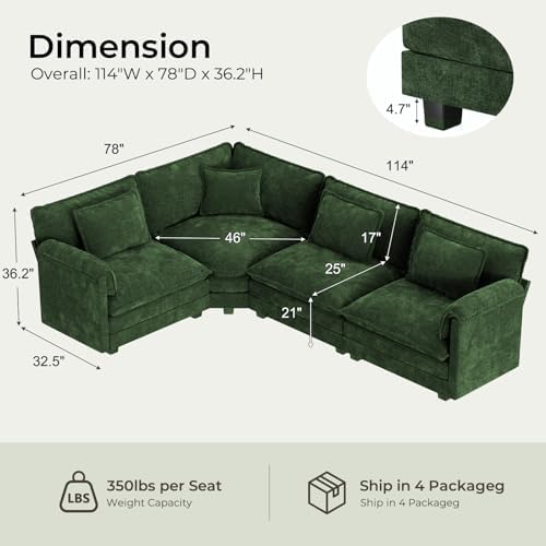ELUCHANG 114" Oversized Modular Sectional Sofa, Comfy Chenille Cloud Couch - Image 2
