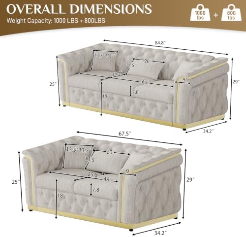 67.5"+84.8" Velvet Sofa Set, Chesterfield Tufted - Image 2