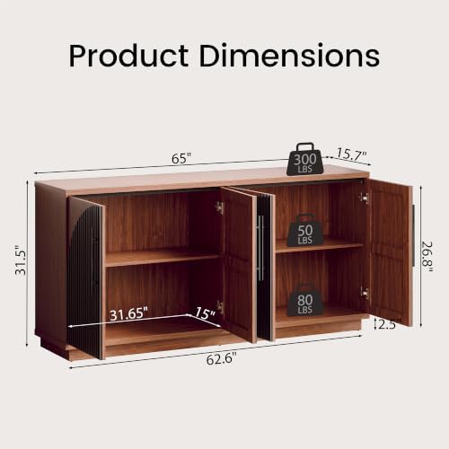 65" Buffet Cabinet with Storage, Fluted Sideboard Cabinet with 4 Arched Doors & - Image 2