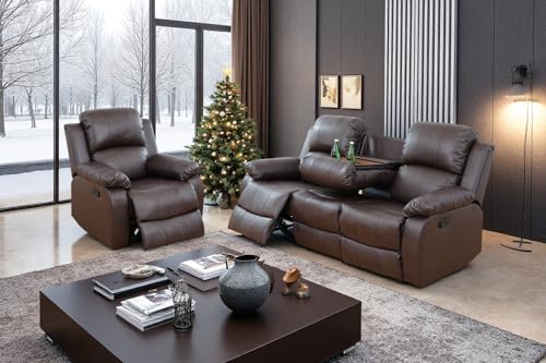 2 Pieces Living Room Furniture Sets Leather Recliner Sofa Set, Leather Couch by COSYMOORFURNITURE