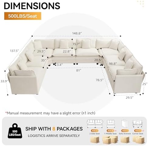 147'' Oversized U Shaped Cloud Sectional Sofa, Chenille Deep Seat Couches - Image 2