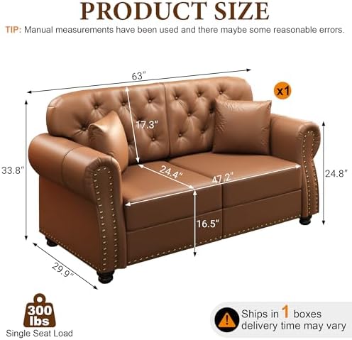 63'' Faux Leather Chesterfield Loveseat Sofa - Image 2