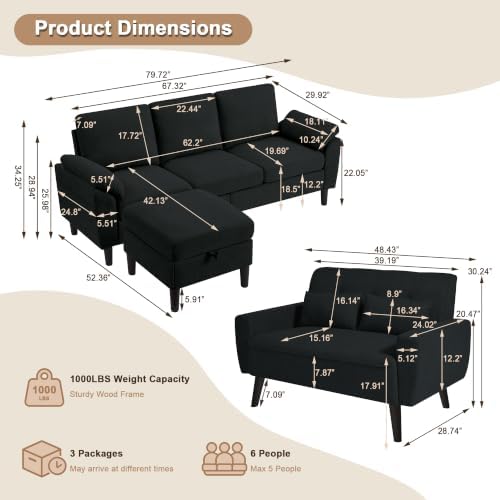 3 Pieces Sofa Set, L Shaped Sectional Couch and Loveseat Set - Image 2
