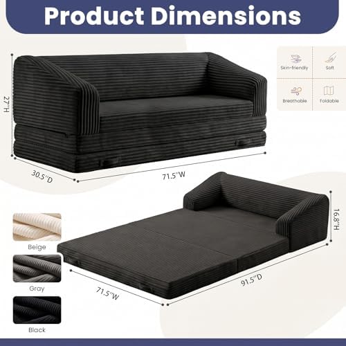 JUIKURY Folding Sofa Bed with Backrest, Boneless Fold Out Couch with Handle - Image 2