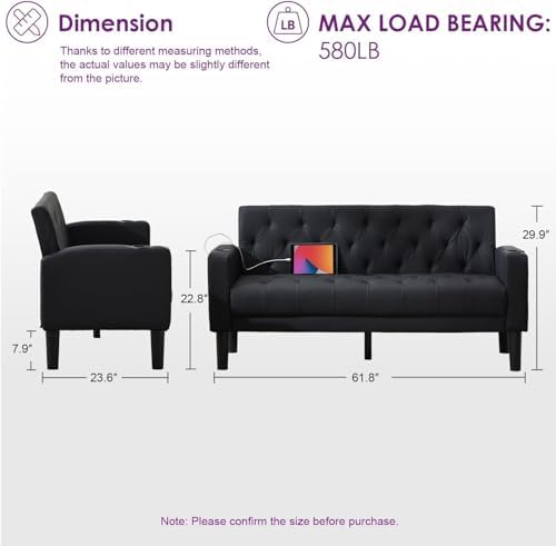 TYBOATLE Mid-Century Modern Tufted Black Faux Leather Loveseat Sofa Set w/ 2 - Image 2