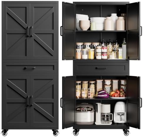 Black Metal Kitchen Storage Pantry Cabinet Rolling Garage Storage Cabinet by Yizosh