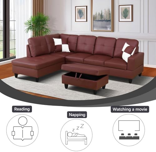 Red L-Shaped 3-Piece Faux Leather Sofa - Image 5