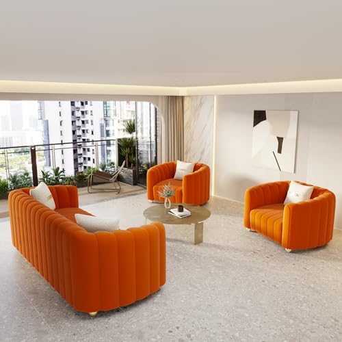3-Piece Orange Velvet Tufted Sofa Set - Image 5