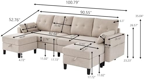 101" Sectional Sofa with Ottoman, Convertible U Shaped Couch with Storage Chaise - Image 2