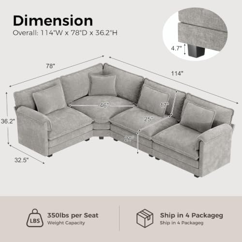 ELUCHANG 114" Oversized Modular Sectional Sofa, Comfy Chenille Cloud Couch - Image 2