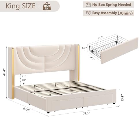 HITHOS King Upholstered Platform Bed Frame, LED Storage Headboard - Image 2