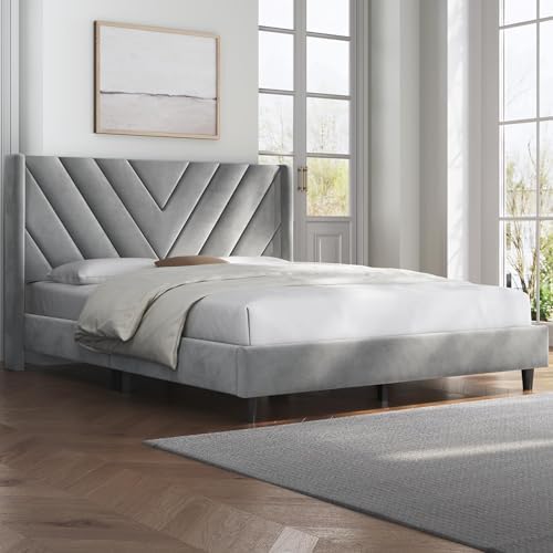 Yaheetech Queen Bed Frame with Chevron Channel-Tufted Headboard, Light Gray - Image 3
