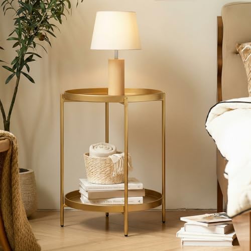TeoKJ 2 Tier Gold Side Table, Folding Round Metal End Table Small Nightstand - Image 2