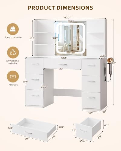 LIVELYGLOW 43" Large White Makeup Vanity Desk - Image 2