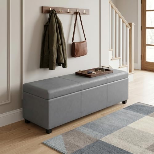 SIMPLIHOME Avalon 54" Wide Vegan Leather Storage Ottoman in Stone Grey - Image 2