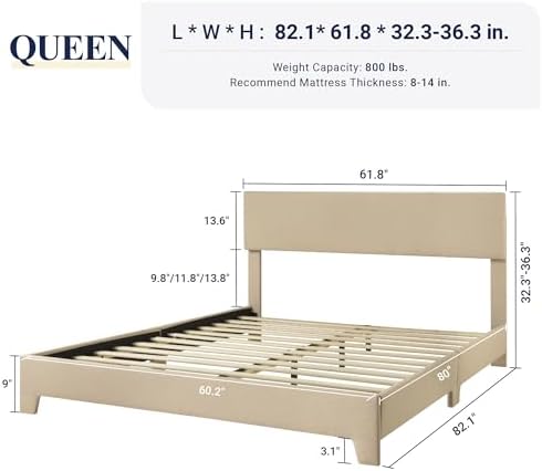 Allewie Queen Size Upholstered Bed Frame Adjustable Headboard - Image 2
