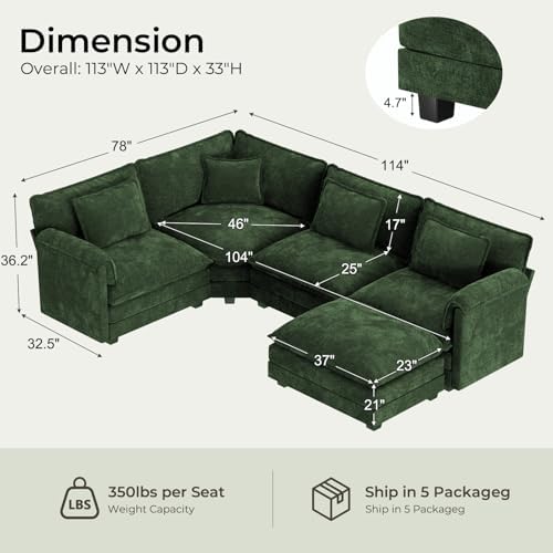 ELUCHANG 114" Oversized Modular Sectional Sofa, Comfy Chenille Cloud Couch - Image 2