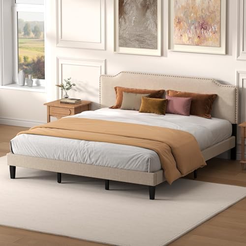 King Size Bed Frame with Upholstered Headboard, Wood Platform Bed with Soft - Image 5