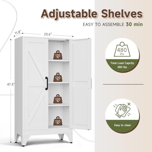 Letaya Metal Storage Cabinet, Small White Kitchen Pantry, - Image 3