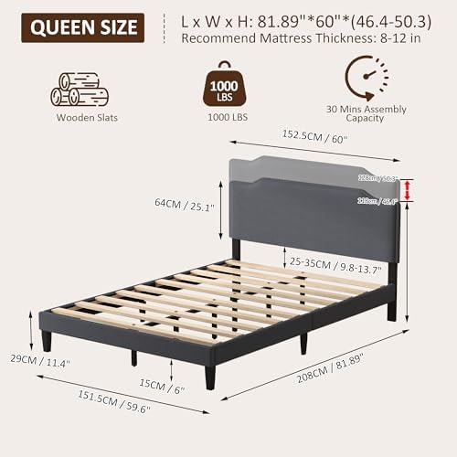 Queen Size Bed Frame with Upholstered Headboard, Platform Bed with Soft Linen - Image 2