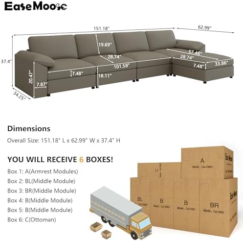 EASE MOOSE Faux Leather Sectional Couch, Deep Seat Modern Sofa, Light Grey - Image 2