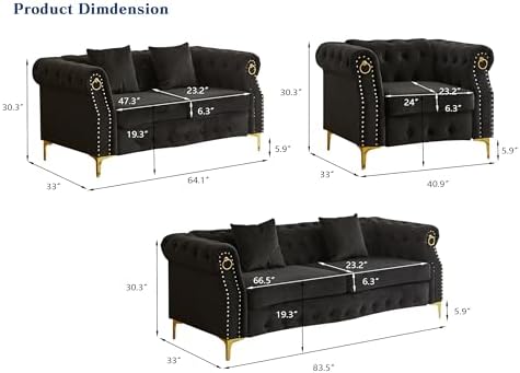 Hybition 3-Piece Living Room Sofa Set, Tufted Design - Image 5