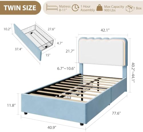 IDEALHOUSE Twin LED Bed, 2 Drawer Trundle, Light Blue Wave Headboard - Image 2
