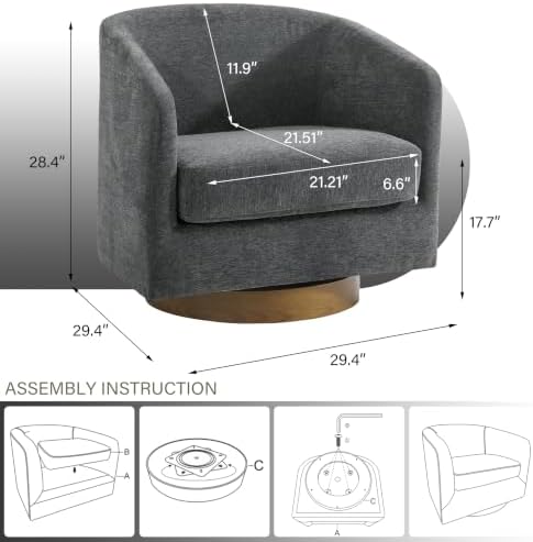 Pia Ricco Oversized Chenille 360° Swivel Barrel Accent Chair Gray - Image 2