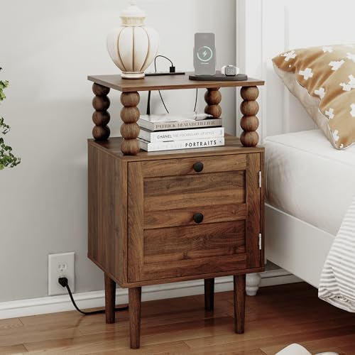 Veegle Nightstand with Charging Station, Retro Bedside Table, Dark Walnut by Unknown